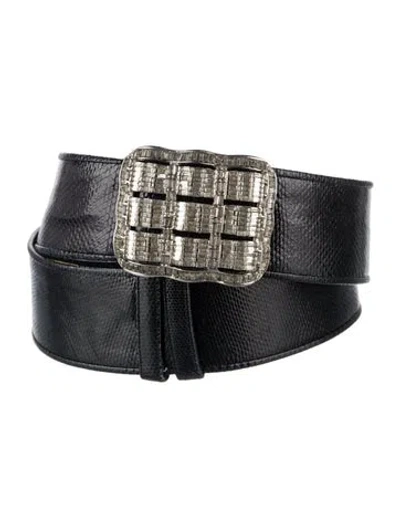 Pre-owned Judith Leiber Embossed Leather Crystal Embellishments Waist Belt In Black