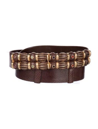 Pre-owned Judith Leiber Embossed Leather Crystal Embellishments Waist Belt In Brown