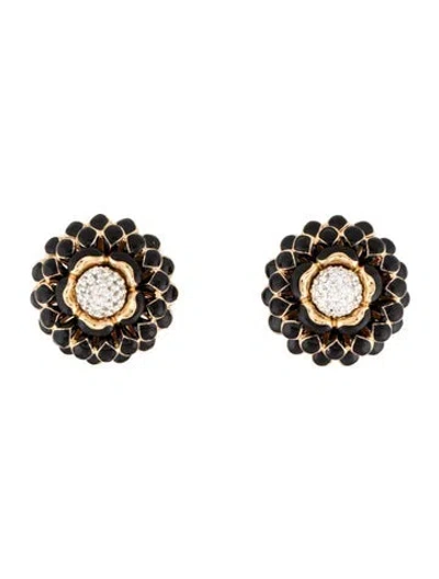 Pre-owned Judith Leiber Enamel & Crystal Flower Clip-on Earrings In Black
