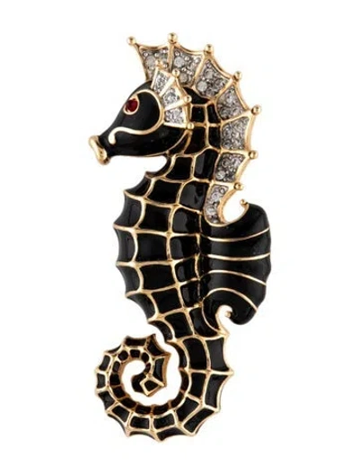 Pre-owned Judith Leiber Enamel & Crystal Seahorse Brooch In Black