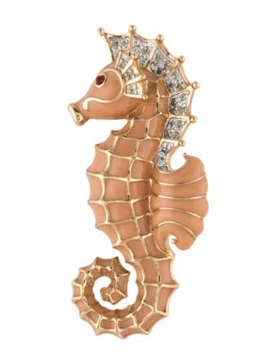Pre-owned Judith Leiber Enamel & Crystal Seahorse Brooch In Orange/pink