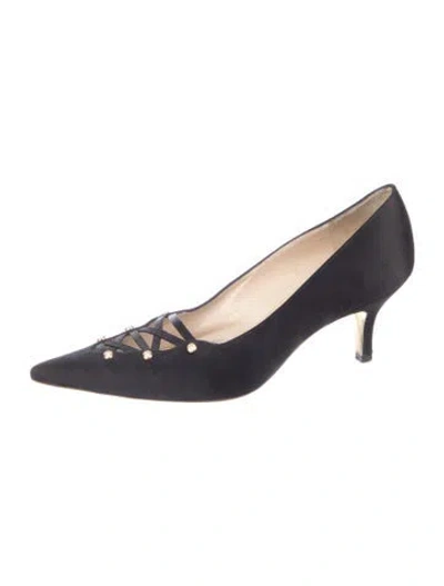 Pre-owned Judith Leiber Faux Pearl Accents Satin Pumps In Blue