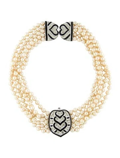 Pre-owned Judith Leiber Faux Pearl, Enamel & Crystal Multistrand Necklace, 15"