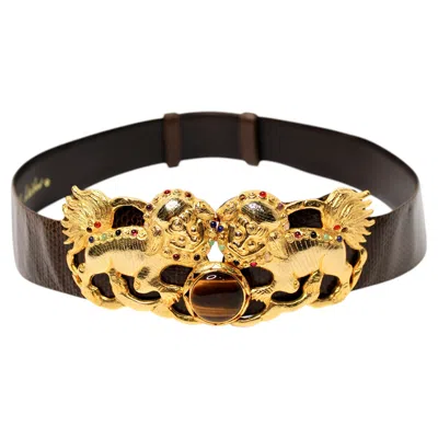 Pre-owned Judith Leiber Foo Dog Stone & Gold-tone Brown Leather Vintage Waist Belt