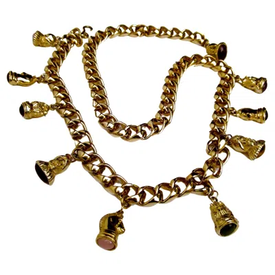 Pre-owned Judith Leiber Gilt Metal Dangling Charm Heavy Chain Belt C 1980s In Brown