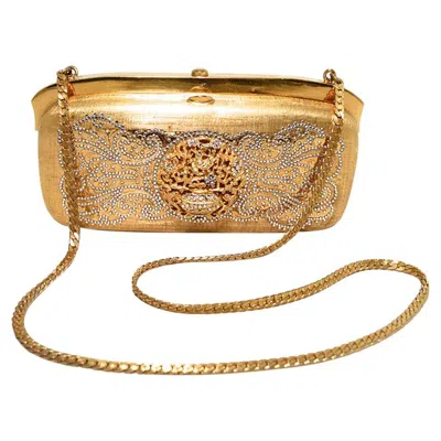 Pre-owned Judith Leiber Gold Filigree Swarovski Crystal Box Minaudiere Evening Bag Clutch