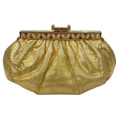 Pre-owned Judith Leiber Gold Lizard Gemstone Top Clutch In Brown