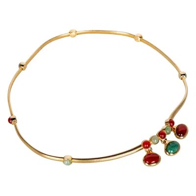 Pre-owned Judith Leiber Gold Snake Chain Jade & Carnelian Belt In Green