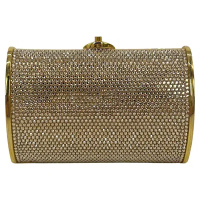 Pre-owned Judith Leiber Gold Swarovski Crystal Mini Minaudiere In Brown