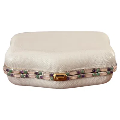 Pre-owned Judith Leiber Hand Bag White Karung Convertible Clutch With Semi Precious Jewels