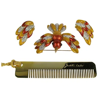 Pre-owned Judith Leiber Hummingbird Bird Brooch And Earrings French Enamel In Brown