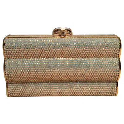 Pre-owned Judith Leiber Iridescent Swarovski Crystal Gold Minaudiere Evening Bag Clutch In Brown