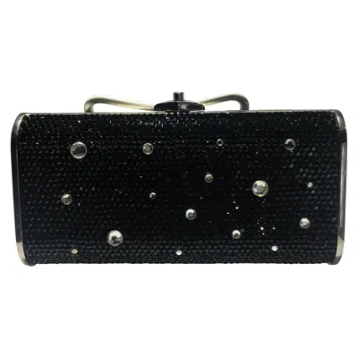 Pre-owned Judith Leiber Jeweled Clutch, Black And Clear Crrystals With Silver Strap.