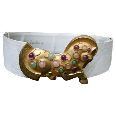 Pre-owned Judith Leiber Jeweled Semi Precious Trojan Horse White Leather Belt C 1980s