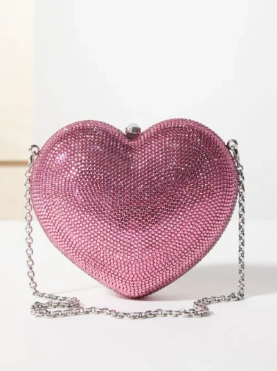 Judith Leiber L'amour Petit Coeur Crystal-embellished Silver-tone Clutch In Pink