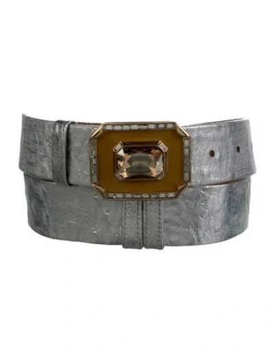 Pre-owned Judith Leiber Leather Crystal Embellishments Belt In Silver