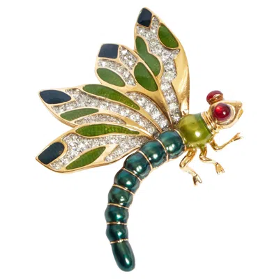 Pre-owned Judith Leiber Lieber Green Enamel Dragonfly Brooch