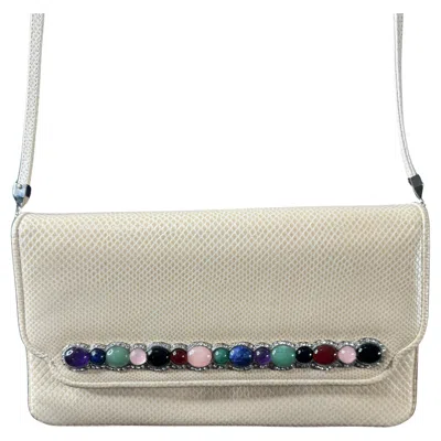 Pre-owned Judith Leiber Lizard Leather Evening Bag Handbag Clutch - Semi - Precious Stones In Sand