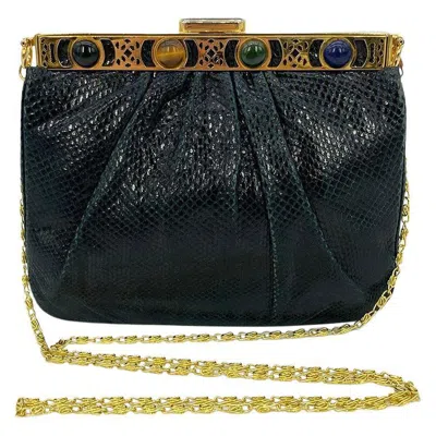 Pre-owned Judith Leiber Navy Blue Lizard Gemstone Top Shoulder Bag