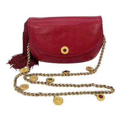 Pre-owned Judith Leiber Red Lizard Tassel Charm Strap Clutch Shoulder Bag