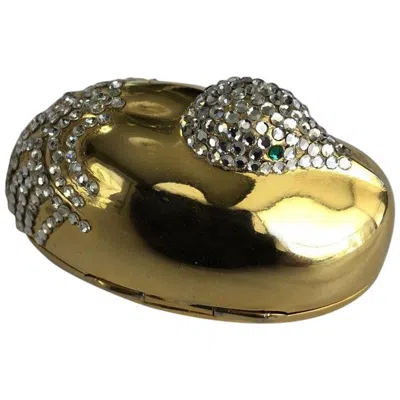 Pre-owned Judith Leiber Resting Crane Bird Diamante Gold Trinket Pill Box In Brown
