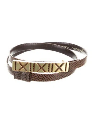 Pre-owned Judith Leiber Skinny Embossed Leather Belt In Brown