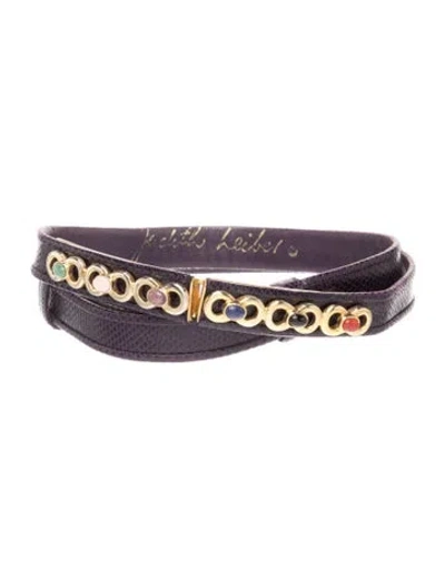 Pre-owned Judith Leiber Skinny Embossed Leather Chain-link Belt In Purple