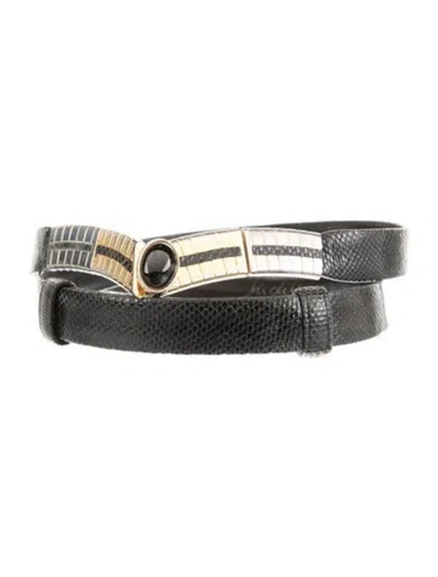 Pre-owned Judith Leiber Skinny Embossed Leather Waist Belt In Black