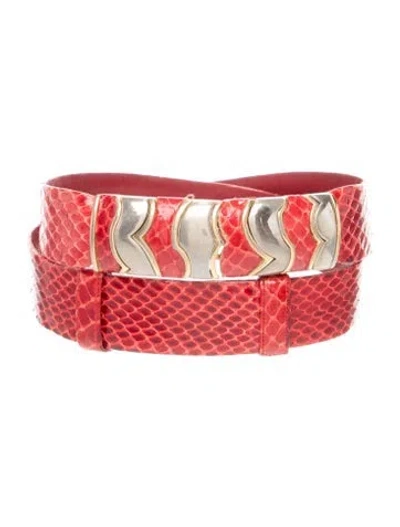 Pre-owned Judith Leiber Skinny Embossed Leather Waist Belt In Gold/red