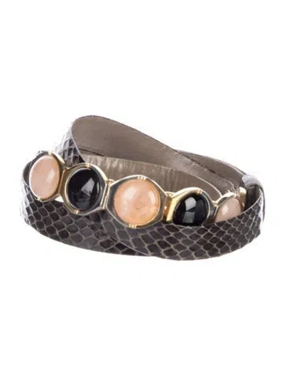 Pre-owned Judith Leiber Skinny Embossed Leather Waist Belt In Gray