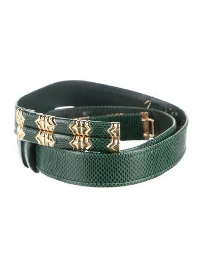 Pre-owned Judith Leiber Skinny Embossed Leather Waist Belt In Green