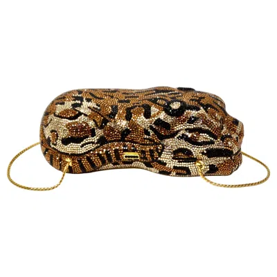 Pre-owned Judith Leiber Swarovski Crystal Cheetah Minaudiere In Brown