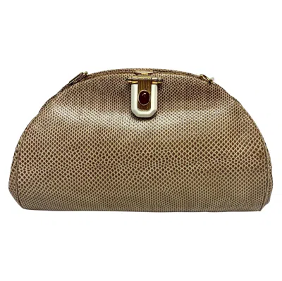 Pre-owned Judith Leiber Tan Karung Snake Handbag With Stone Buckle Front. In Brown
