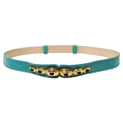 Pre-owned Judith Leiber Turquoise Embossed Leather Vintage Belt With Stone Detailed Buckle In Brown