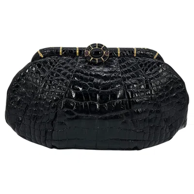 Pre-owned Judith Leiber Vintage Black Alligator Clutch With Amethyst Gemstones C1980s In Purple