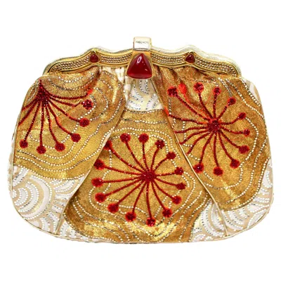 Pre-owned Judith Leiber Vintage Golden Japanese Obi Silk Embellished Clutch Bag In Brown