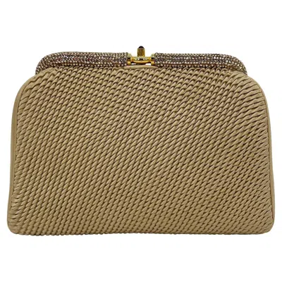 Pre-owned Judith Leiber Vintage  Beige Pleated Silk Swarovski Crystal Top Clutch C1980s In Brown