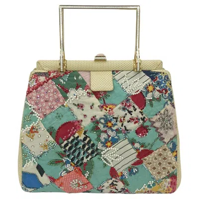 Pre-owned Judith Leiber Vintage  Patchwork Quilted Cotton Swarovski Crystal Clutch C1970s In Gray