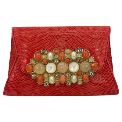 Pre-owned Judith Leiber Vintage  Red Lizard Gemstone Front Clutch