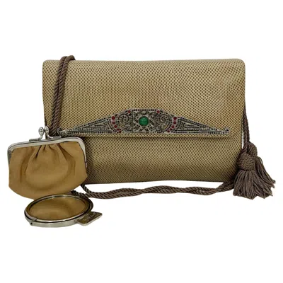 Pre-owned Judith Leiber Vintage Tan Lizard Antique Silver Deco Rhinestone Clutch In Brown