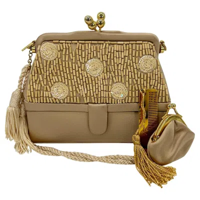 Pre-owned Judith Leiber Vintage Tan Silk Wood Bead Sequin Two Tier Minaudiere Bag In Brown