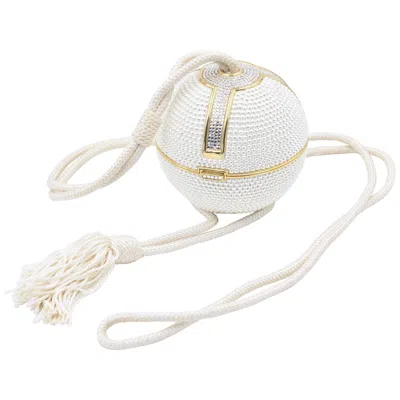 Pre-owned Judith Leiber White Crystal Gold Disco Ball Minaudières Evening Bag With Tassel