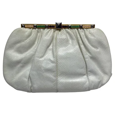 Pre-owned Judith Leiber White Karung Snake Jeweled Clutch