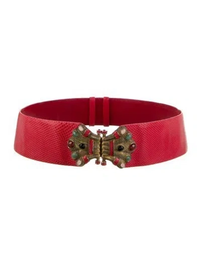 Pre-owned Judith Leiber Wide Lizard Waist Belt In Red