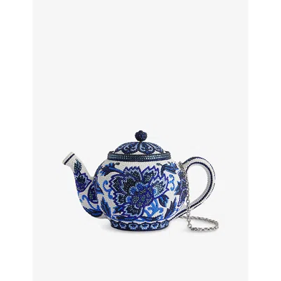 JUDITH LEIBER WOMENS SILVER COBALT MULTI TEAPOT TRANQUIL TEA CRYSTAL-EMBELLISHED CLUTCH BAG