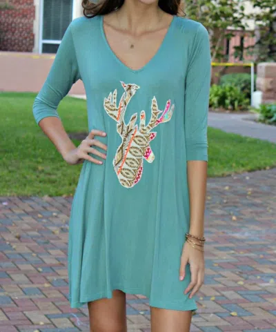 Judith March Deer Applique Dress In Sage In Blue