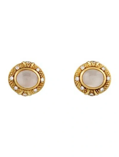 Pre-owned Judith Ripka 18k Cats Eye Moonstone & Diamond Clip-on Earrings In Multi