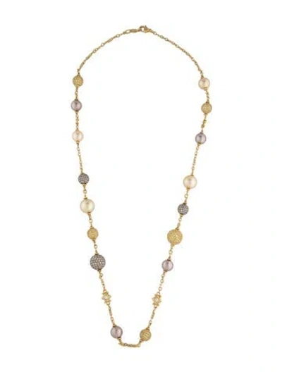 Pre-owned Judith Ripka 18k Cultured Pearl, Yellow Sapphire & Diamond Station Necklace, 24" In Multicolor