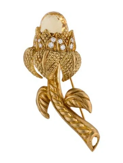 Pre-owned Judith Ripka 18k Diamond & Citrine Flower Pin In Multi
