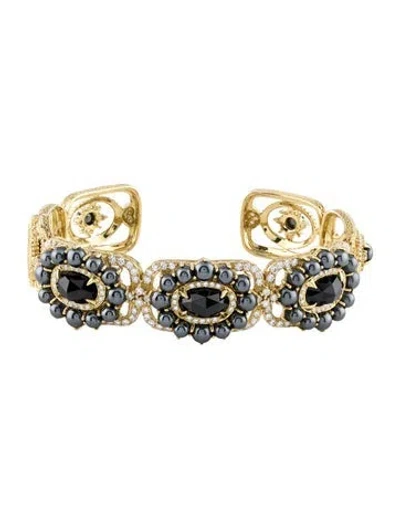 Pre-owned Judith Ripka 18k Diamond, Spinel And Hematine Kick Cuff Bracelet, 6.75" In Multi